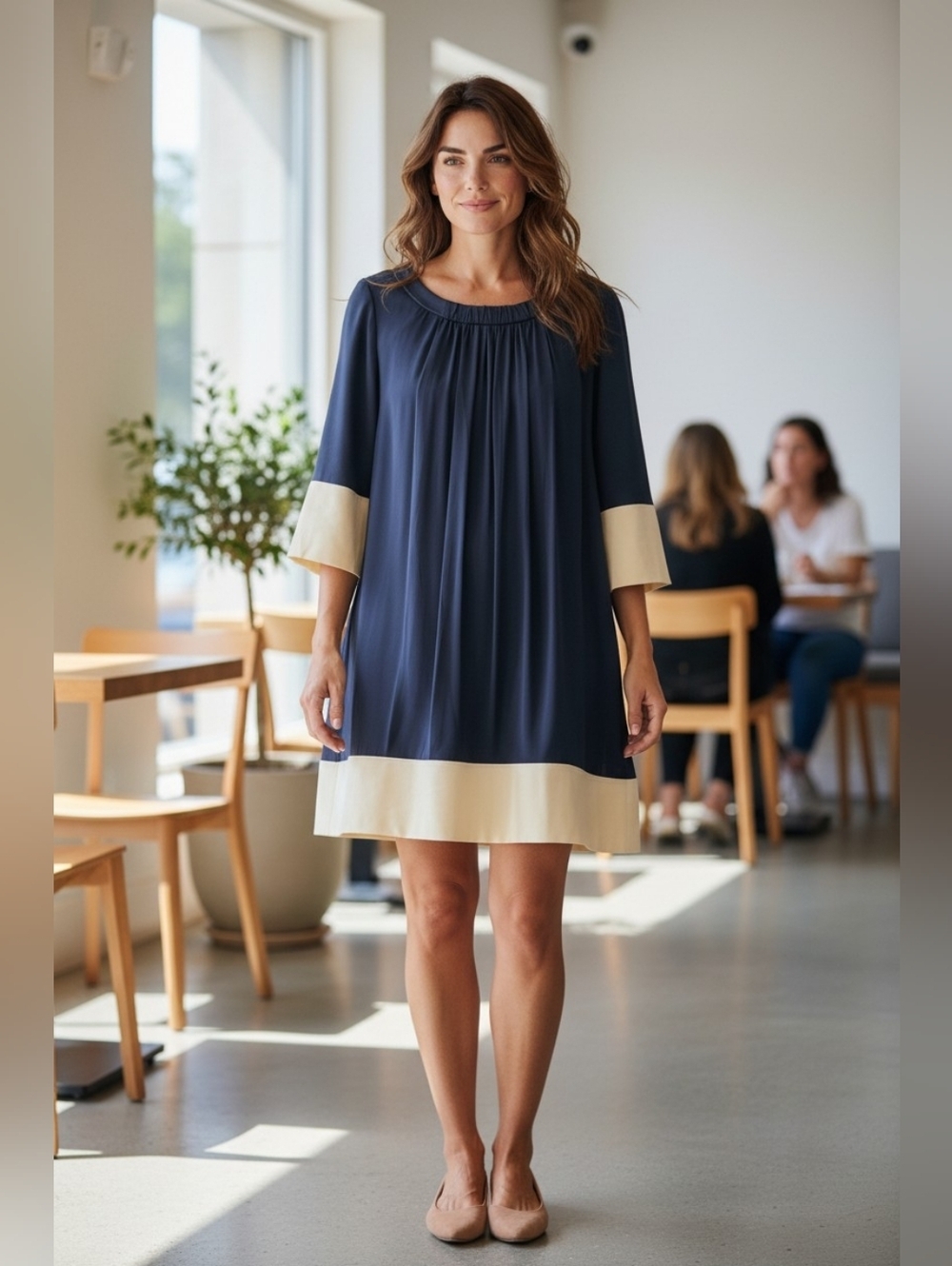 SoCa St. John Navy & Cream Colorblock 3/4 Sleeve Dress Size Medium